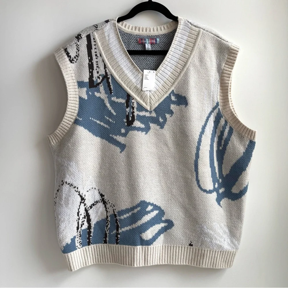 Urban Outfitters Men’s Abstract Pattern V-Neck Sweater Vest Cream Blue Large